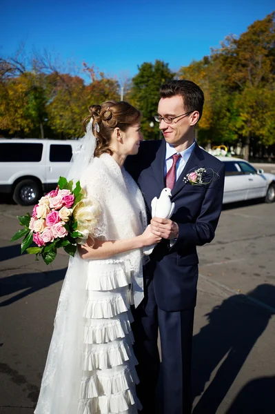 Bride and groom with white pigeons on wedding walk — Stock Photo, Image