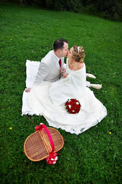 Romantic kiss bride and groom on wedding picnic — Stock Photo, Image