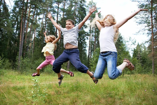 Дети прыгают на газоне в летнем лесу — стоковое фото