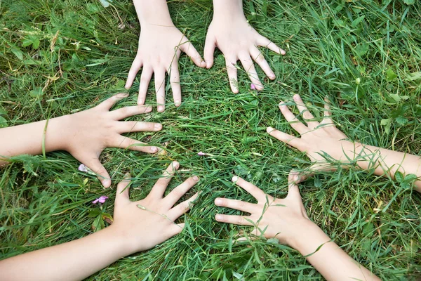 Les mains des enfants sur l'herbe — Photo