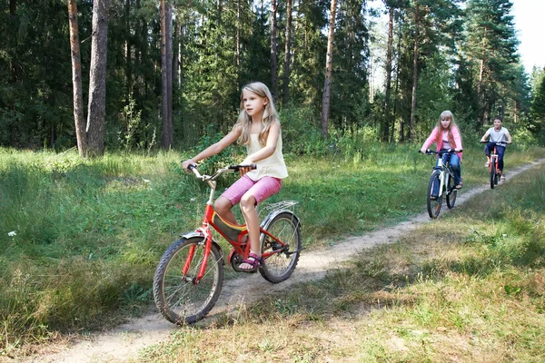 Kinderen paardrijden fietsen in bos — Stockfoto
