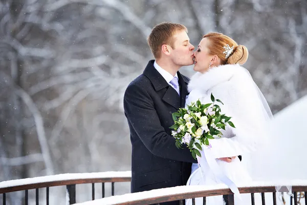 Romantischer Kuss glückliche Braut und Bräutigam an einem Wintertag — Stockfoto