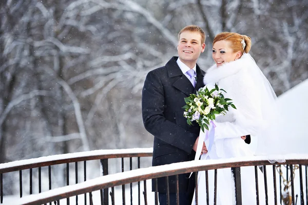 Happy bride and groom on winter day — Stock Photo, Image