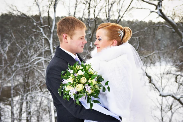 Glückliche Braut und Bräutigam am Winterhochzeitstag — Stockfoto