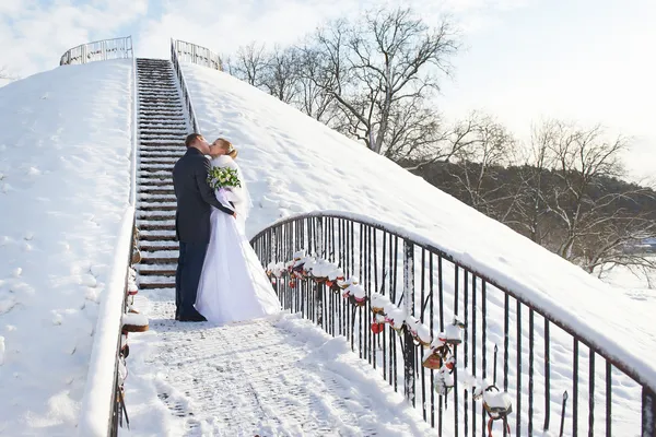 Romantic kiss happy bride and groom on winter day — Stock Photo, Image