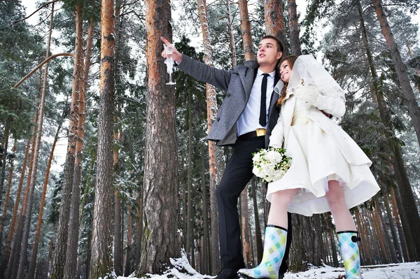 Bride and groom with champagne glasses in winter forest — Stock Photo, Image