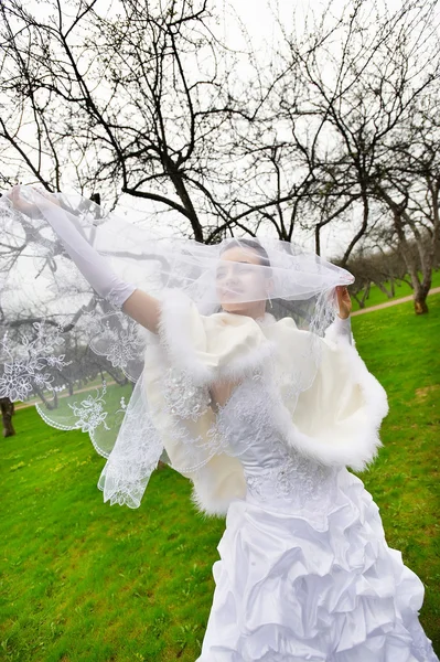 Güzel bir gelin düğün peçe ile yürümek — Stok fotoğraf