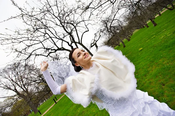 Belle mariée avec voile dans la promenade de mariage — Photo