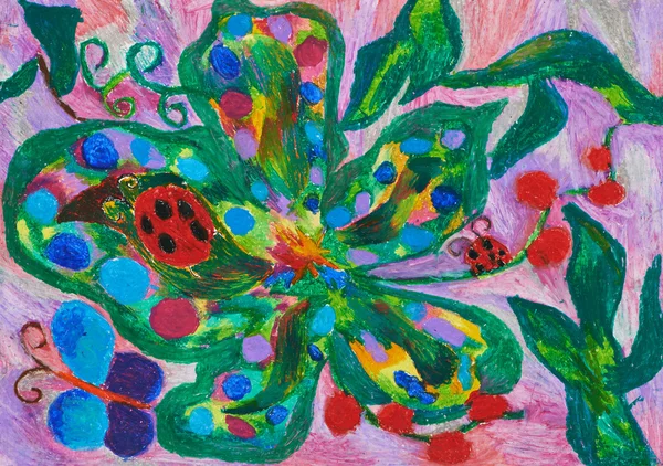 Rysunek dziecka z biedronki i kwiaty — Zdjęcie stockowe