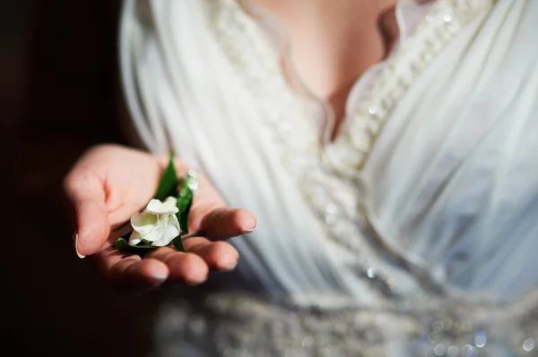White flower bud in palm of bride — Stock Photo, Image