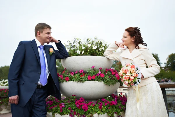 Glückliche Braut und Bräutigam beim Hochzeitsspaziergang in der Nähe von Blumenbeeten — Stockfoto