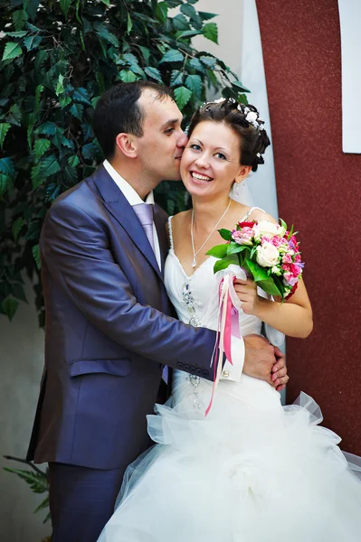 Kiss groom and happy bride — Stock Photo, Image