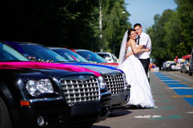 Happy bride and groom near wedding limousines clipart