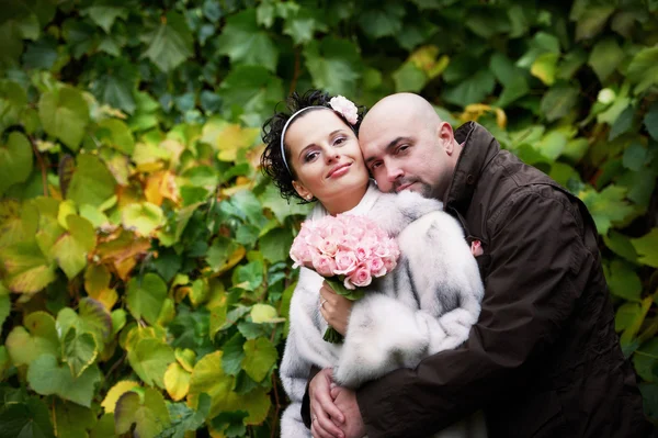 Stile sposa felice e sposo nel parco autunnale — Foto Stock