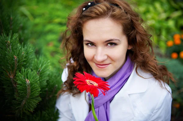 Mujer joven con gerberas de flores rojas — Foto de Stock