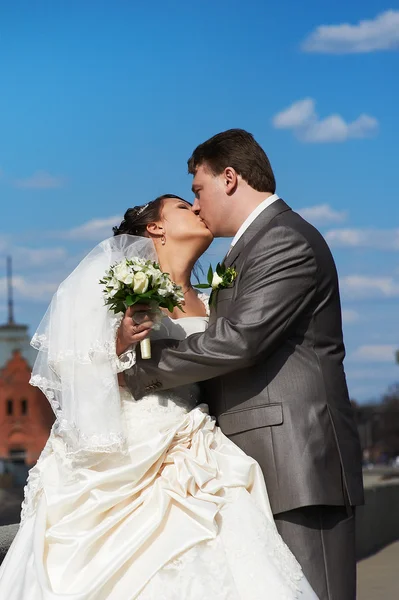 Bacio romantico sposa e sposo — Foto Stock