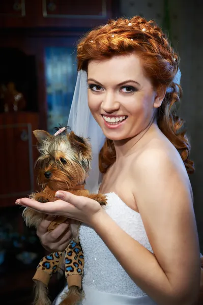 Portrét nevěsty s malým psem — Stock fotografie