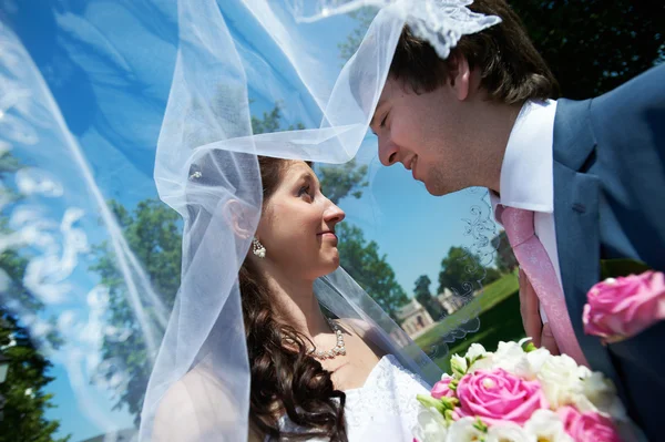 Novia y novio felices en el parque — Foto de Stock