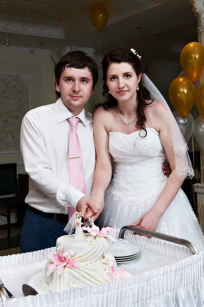 Bruid en bruidegom snijdt de bruidstaart — Stockfoto