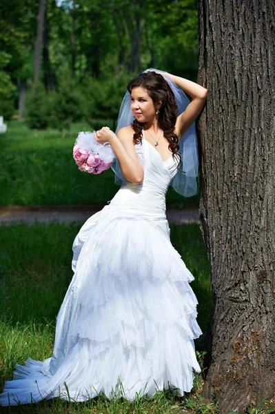 Элегантная невеста стоит вокруг дерева — стоковое фото