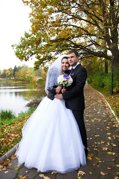 Beauty bride and groom in yellow autumn park — Stock Photo, Image