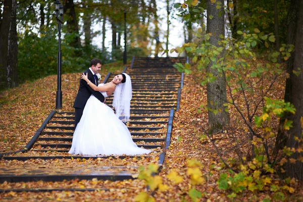 Happy bride and groom in yellow autumn park — Stock Photo, Image