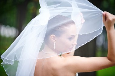Happy bride keeps veil clipart