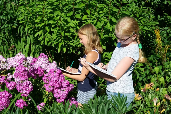 Les filles peignent des fleurs dans les albums — Photo