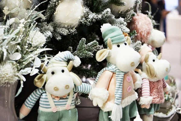 Decorative Soft Toys Deers Christmas Tree New Year Christmas Background — стокове фото