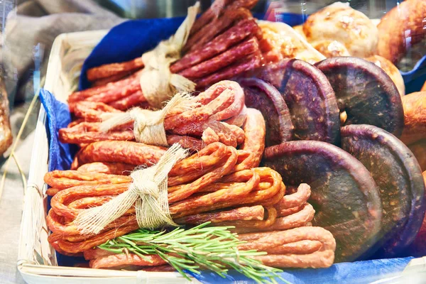 Selection Assorted Home Made Sausages Farmers Market — стоковое фото