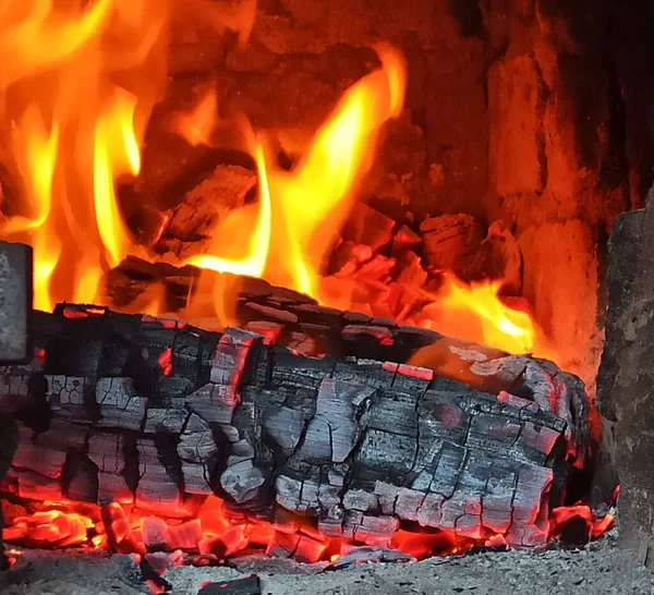 Charbon Bois Brûlant Dans Poêle Gros Plan — Photo