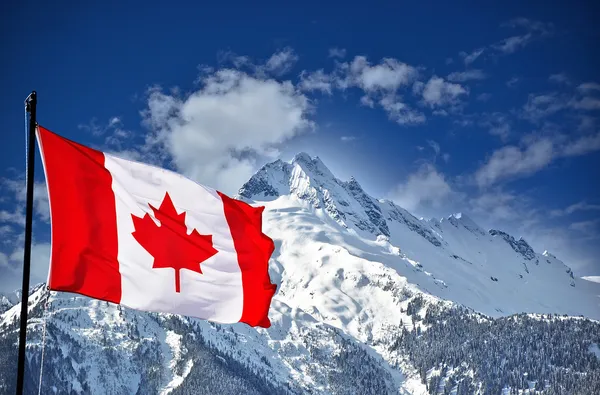 ธงแคนาดาและภูเขา รูปภาพสต็อกที่ปลอดค่าลิขสิทธิ์