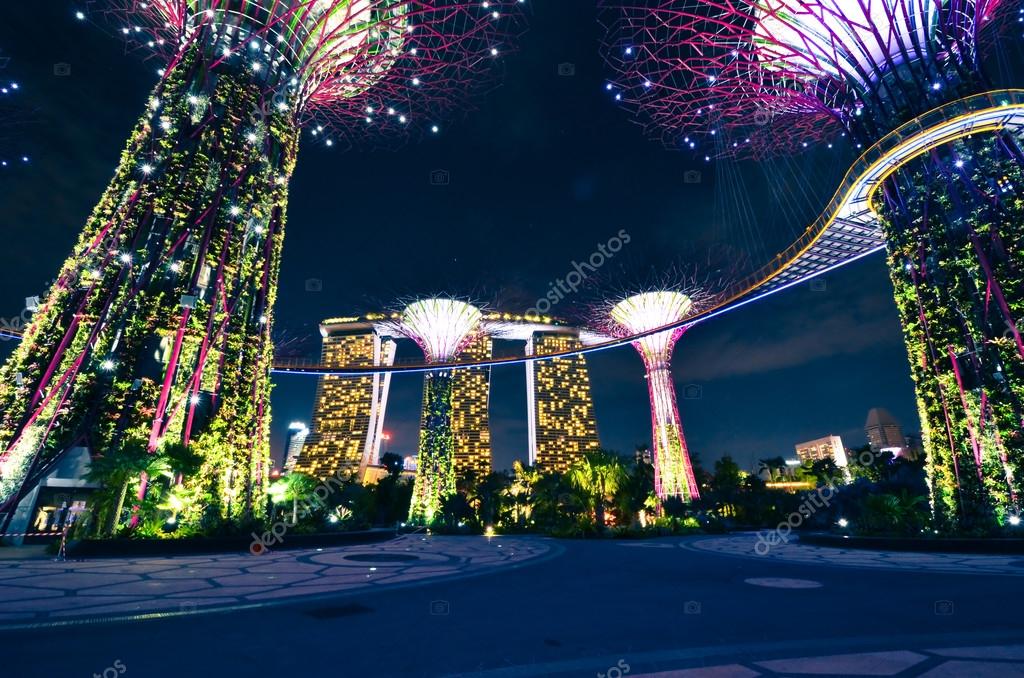 Night View Of The Supertree Grove At Gardens By The Bay In Singapore