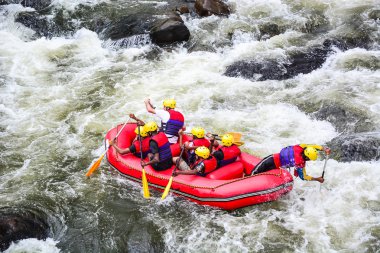 bir grup erkek ve kadınlar beyaz su rafting
