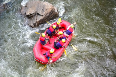bir grup erkek ve kadınlar beyaz su rafting