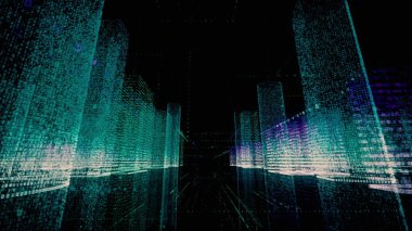 Soyut dijital şehrin parlak kırmızı ve beyaz renkli modelinde siyah arkaplanda rastgele sayılar ve semboller vardı. İş, iletişim ya da teknoloji kavramı. 3d hazırlama 4k