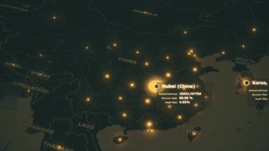 COVID 19 Coronavirus pandemik dünya haritası. Sağlık istatistikleri ve koyu sarı renkli uyarı. Asya virüsü Wu Han 'dan tüm dünyaya yayılıyor. 4K video içerisindeki 3d canlandırma kavramı.