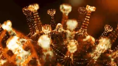 Virüs Coronavirus 2019-nCoV enfeksiyon görselleştirme. Mikrop kapmış insanların içindeki patojen hücreleri siyah zemin üzerinde neon yeşil küresel mikroorganizmalar olarak gösteriliyor. Canlandırılmış 3D görüntüleme 4K video kapatma.