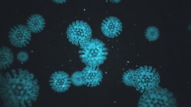 Domuz gribi virüsü H1N1 enfeksiyon konsepti. Virüs hücreleri, karanlık uzay arka planında neon mavi küresel mikroorganizmalar olarak gösterilen enfeksiyon kapmış insanların içinde. 4K görüntüleme 3D soyut.