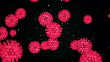 Covid19 Coronavirus 'un virüs hücreleri karanlık arka planda yüzen parlak kırmızı hücreler şeklinde kan damarının karanlık boşluğunda hareket ediyorlar. 4K video oluşturma soyut 3D Viroloji kavramı.