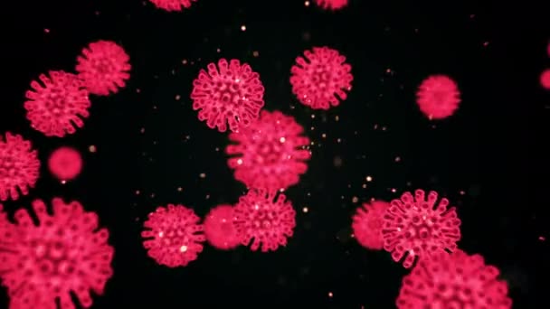 Вирусные клетки коронавируса covid19 движутся в темном пространстве кровеносных сосудов в виде ярких красных клеток, плавающих на темном фоне. Концепция вирусологии в абстрактном 3D рендеринге 4K видео . — стоковое видео