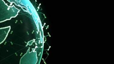 4K 'da siyah arkaplan üzerine konsept canlandırma konsepti için küresel telekomünikasyon uyduları sistemi tarafından kablosuz internet veri kablosuz bağlantısıName