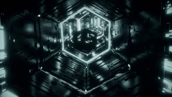 薄暗いネオンライトに囲まれた鏡の多面体は、暗い未来の六角形のトンネルに沿って飛んでいます。4Kでのアート、商業、テクノロジープロジェクト3Dレンダリングのための動的背景. — ストック写真