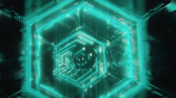 Fundo de movimento do túnel hexagonal abstrato. Um poliedro especular seguido por luzes de néon azul saturado está se movendo ao longo de um corredor hexagonal futurista escuro. 3D renderização animado vídeo 4k. — Fotografia de Stock