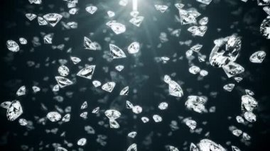 Görsel etki. Işık ışınlarında parlayan kristaller mor bir arka plana düşer. Kristal yüzlerde titreşiyor. Devamlı döngü animasyonu. 3d hazırlayıcı