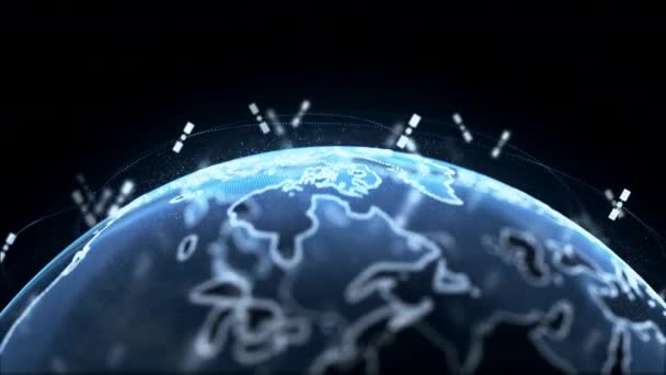 Dijital dünya veri küresi - soyut üç boyutlu uydu görüntüleme uyduları dünya ile bağlantı kuruyor. Uydular gezegeni çevreleyen bir ağ ya da gökyüzü köprüsü oluşturur. Karmaşıklık taşıyan büyük veriler taşar. — Stok video