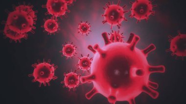 Mikrop kapmış organizmanın içindeki Coronavirus 2019-nCov 'un omicron covid patojeni siyah arkaplanda kırmızı renk hücreleri olarak mikroskop altında. Salgına yol açan tehlikeli virüs vakaları. 3d görüntüleme kapatma