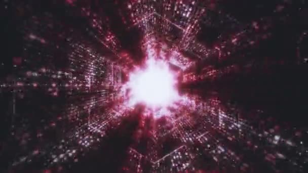 Big Data Technology röd tunnel, digital röd sexhörning, informationsflöde, futuristisk matris. Partikelnätverk med binär kod. Teknisk och därmed sammanhängande rörelsebakgrund. Sömlös slinga 3D render — Stockvideo