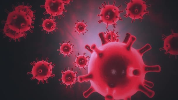 オミクロンcovidコロナウイルスの病原体2019-nConvは、顕微鏡下の感染生物内では黒色の背景に赤い色の細胞として存在する。流行につながる危険なウイルス株の場合。3Dレンダリングを閉じる — ストック動画