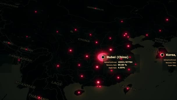 Omicron covid Global coronavirus COVID-19パンデミックマップでは、感染都市の赤い点と黒の本土の健康統計データが記載されています。4Kで流行のコンセプト3Dレンダリングアニメーションの背景 — ストック動画